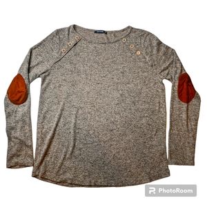 Pink Clover Luna Top Womens Sz L Button Detail Faux Suede Patches Taupe Shirt